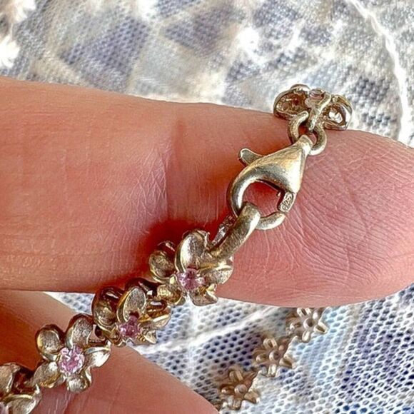 Vintage Solid Sterling & Pink Topaz Flower Bracelet/Anklet ~9.5” - Picture 7 of 10